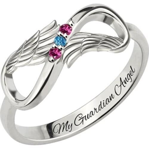 Xiaojing Personalized Custom Engraved Name Angel Wing Finger Ring 925 Sterling Silver Birth Stone Ring for Women Jewelry Gifts