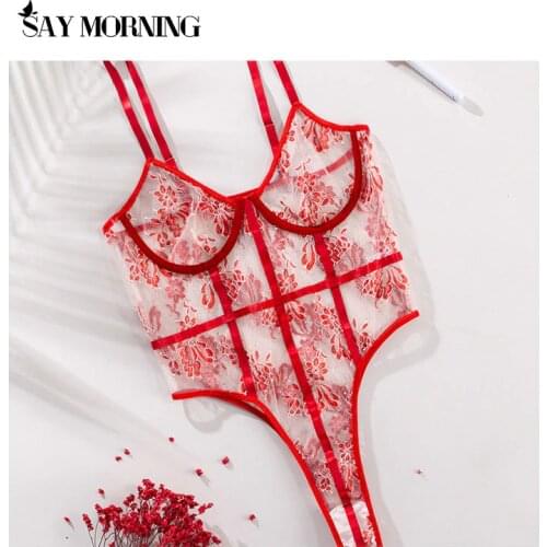 SAY MORNING Embroidered Hollow Sexy Womens Teddy Bodysuit Underwear Set Lace Perspective One-Piece Erotic Lingerie Gathered Bra