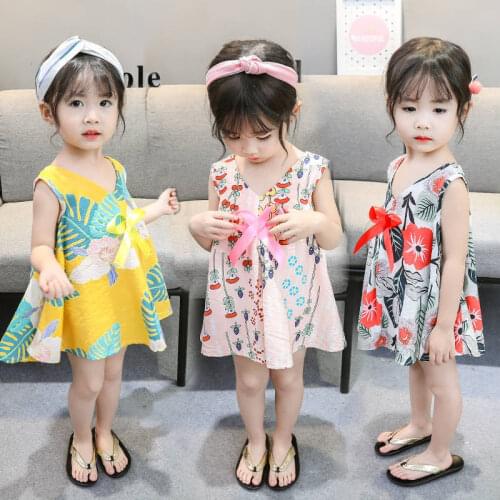 Summer fashion printing Korean version of the new girl princess dress childrens bow baby girl dress