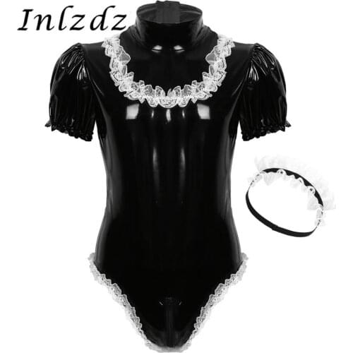 Mens Lingerie Sissy Bodysuit Wet Look Leather High Neck Leotard Bodysuit with Elastic Lace Headband Maid Fancy Cosplay Costume