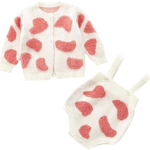 New Autumn Infant Baby Girls Knit Long Sleeve Flower Knit Cardigan Coat + Braces Rompers Clothing Sets Kids Girl Suit Clothes