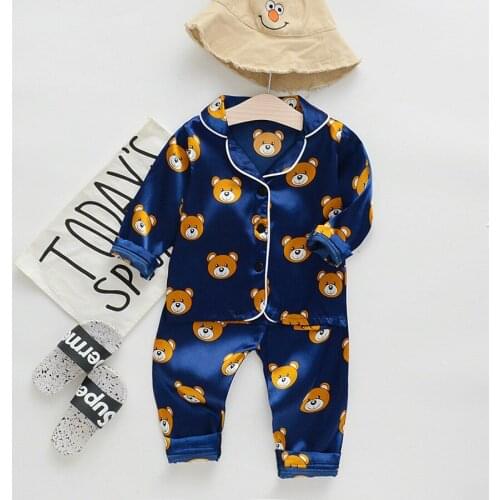 Baby Boys Girls Nightown Clothes set Autumn children satin pajamas cartoon bear long sleeve suit set 1-4yrs kid nightclothes