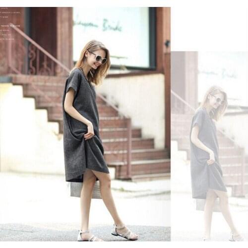 Cotton Summer Dress Women Linen Loose Plus Size dress Gray Office Fashion Casual High Quality Ladys Clothing Free Shipping