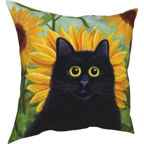 Sunflowers Cat Pillowcase Printed Polyester Cushion Cover Decoration Flowers Throw Pillow Case Cover Home Zipper 45X45cm