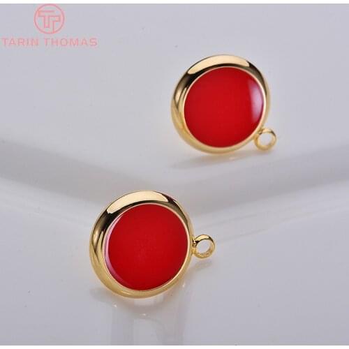 6PCS 11x14MM 24K Gold Color Plated Brass Red Oil Round Stud Earrings High Quality DIY Jewelry Making Findings