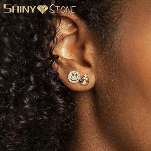 Real 925 Sterling Silver Geometric Round Coin Engraved Happy Smile Face Stud Earring For Women Gold Color Fashion Girl Jewelry