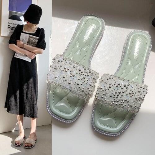 Rhinestone Slippers Female New Summer Wear Students Korean Flat Sandals and Slippers Female Net Celebrity Flip Flops