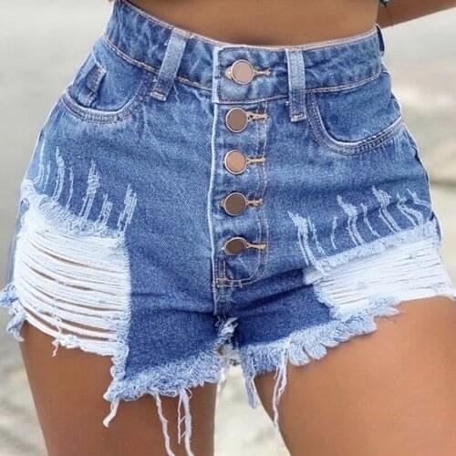 High Waist Hole Sexy Women Casual Jeans Shorts Washed Ripped Button Fly Solid Color Straight Streetwear Denim Shorts For Lady
