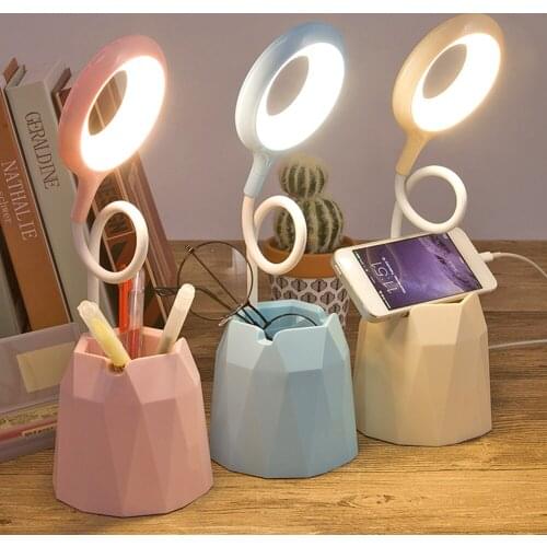 Rotatable LED Table Lamp USB Power Rechargeable Touch Dimmable Light Eye Protection Practical Pen Holder Phone Rack