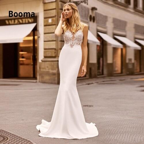 Booma Elegant Lace Wedding Dresses for Women 2019 Sexy V-neck Soft Satin Bridal Gowns Backless Marriage Dress Robe Plus Size