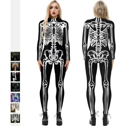 Halloween Ladies Scary Skeleton Printed Jumpsuit Long Sleeve Multicolor Horror Skull Slim Carnival Halloween Cosplay Bodysuit
