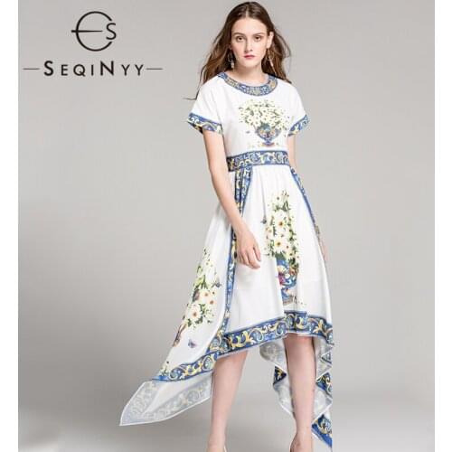 SEQINYY White Dress 2020 Summer Spring New Fashion Design Women Short Sleeve Daisy Flower Blossom Printed Irregular Midi Dress