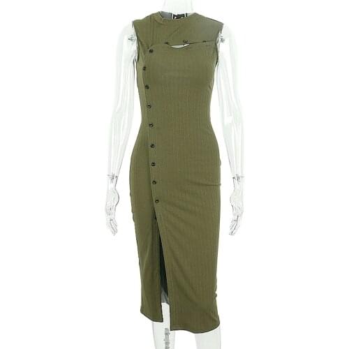 IMCUTE Y2K fashion stitching two-wear dress womens sexy hollow sleeveless slit tight-fitting dress button hip cheongsam dress