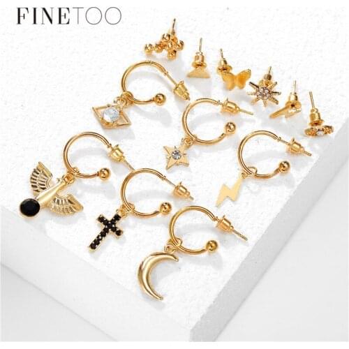 12PCS Mixed Cross Eye Star Moon Geometric Drop Earrings Set Bohemian Vintage Cartilage Earrings for Women Small Cuff Clip