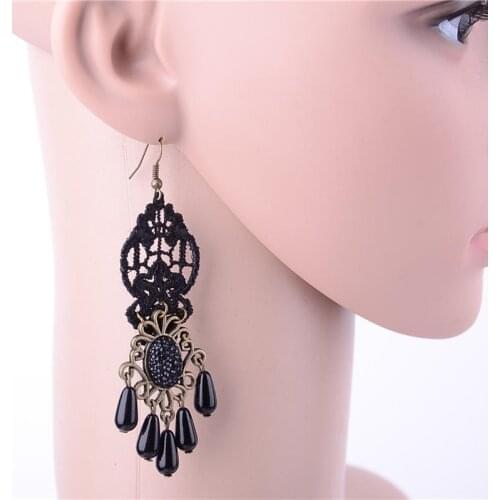 Ladies Gothic Pearl Drop Earrings Long Tassel Black Lace Earring Big Hollow Dangle Statement Eardrop Women Fashion Jewelry
