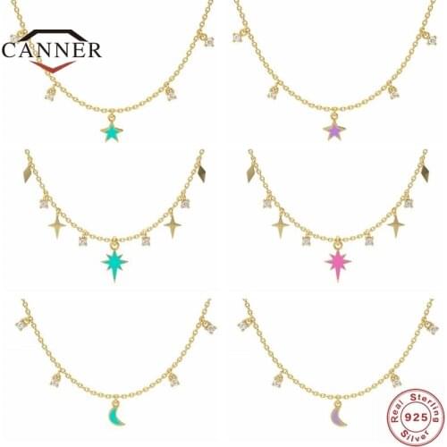 CANNER Star Moon Real 925 Sterling Silver Chain Necklace for Women Gifts New Fashion Pendant Exquisite Clavicle Choker Necklaces