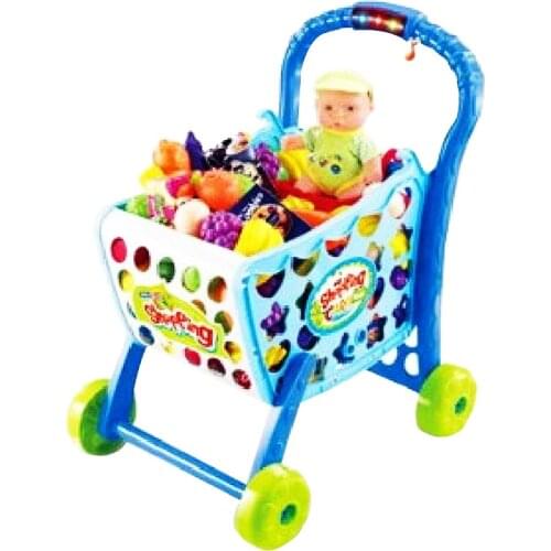 Children Education Store-Precious Plastic Shopping Cart with Grocery Food for Kids Playset Toys Blue