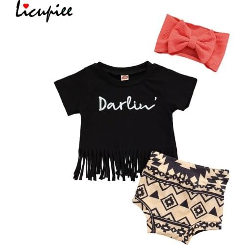 0-24 Months Letter Baby Girl 3pcs Newborn Baby Summer Outfits, Short Sleeve Letter Print Tassel Tops + Shorts + Headband Set