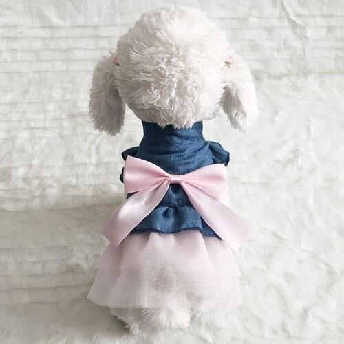 Dog Denim Dress Skirt For Daily Parties Wedding Summer Clothes with Cute Bow Lace Trim Bowknot Decoration Pet Product Supplies