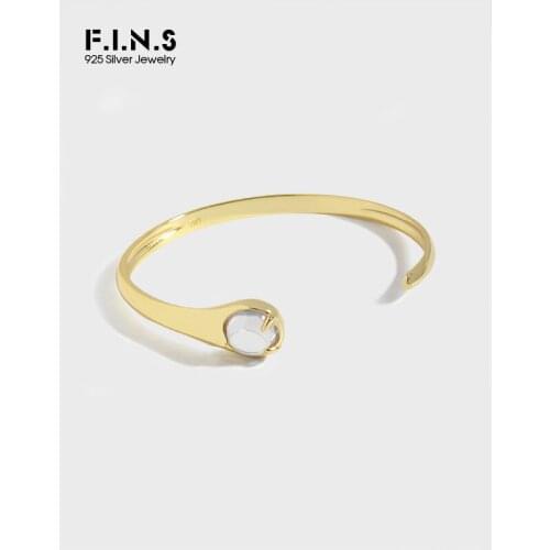 F.I.N.S Concise Geometric Arc-Shaped S925 Sterling Silver Bracelet Bangle Opening Round Agate Wrist Silver 925 Bangle Cuff