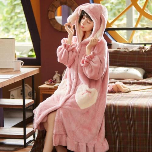 New Cute Girl Loose Bathrobe Women Long Sleeve Big Rabbit Ear Midi Robe Fashion Winter Warm Comfortable Dressing Gown Female