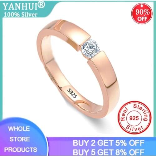 With Certificate 925 Silver Ring Round Zirconia Diamond Rings for Couple Lover Yellow Gold Color Wedding Rings for Men and Women