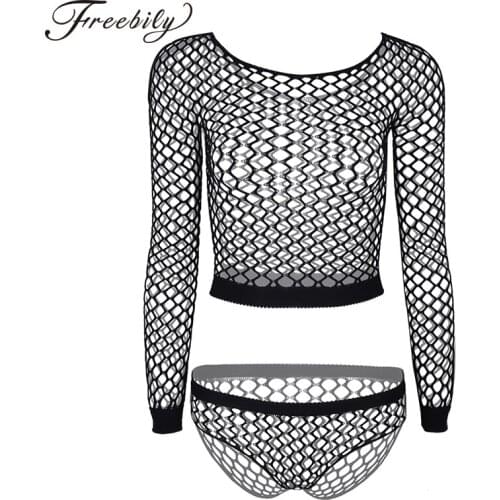Womens Lingerie Set Hollow Out Bikini Fishnet Soft Stretchy Long Sleeve Crop Top with Bottoms Underwear Sexy Femme Underwear