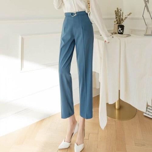 Korean Style Ankle Length Suit Pants Women Draped Black Slim Pants Business Trousers Female Chic Buckle High Waist pantalones