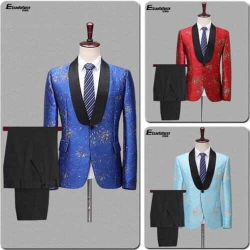 Red blue blazer men groom suit set with pants mens wedding suits costume singer star style dance stage clothing formal dress 978