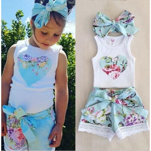 Summer Toddler Kids Baby Girls Floral Tops Sleeveless Vest+High Waist Lace Shorts Outfits Clothes Set 0-4T