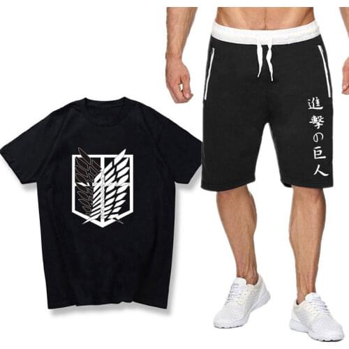 Summer Anime mens sets T-shirt Sports Shorts Attack on Titan T shirt Sets teeshirt homme camisetas Men Shorts T Shirts Sets