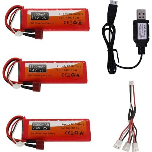 7.4V 3300mAh Lipo battery T Plug and Charger Set for Wltoys 1/14 144001 RC toy car boat accessories 7.4V liion battery wholesale