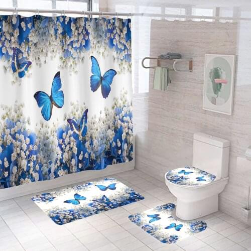 Fashion Butterfly Shower Curtain Flower With Non Slip Rug Mat Bathroom Curtains Waterproof Polyester Bathroom Curtain with Hooks