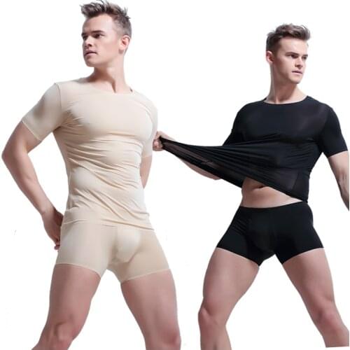 Mens Top Tees Transparent Bodybuilding Fitness Tshirt Short Sleeve Male Singlets Undershirts Sexy T-shirt ice silk 2019