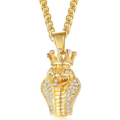 High Polish Punk Stainless Steel Men Necklace Chain Pendant Crown Snake Inlay Rhinestones for Male Personality Jewelry Hot Sale