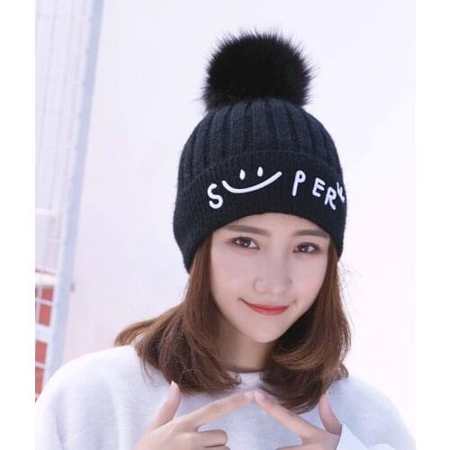 2020 New Knitted Winter hats Women Double Thick and Warm Cap Solid Beanies Wool Toque Pompoms lovely Korean Bonnet