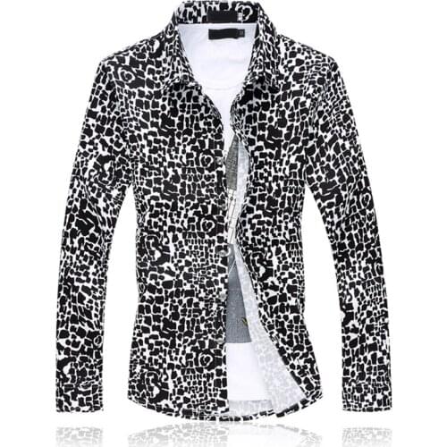 Spring and Autumn New Mens Fashion Casual Black Leopard Print Shirt Slim Fit Mens Fashion Large Size Long Sleeve Shirt