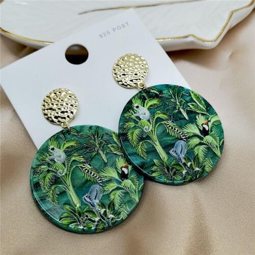 New Fashion Embossed Print Big Round Acrylic Drop Earrings Exaggerated Jewelry Green Rainforest Plant Animal Tree Leaves Earring