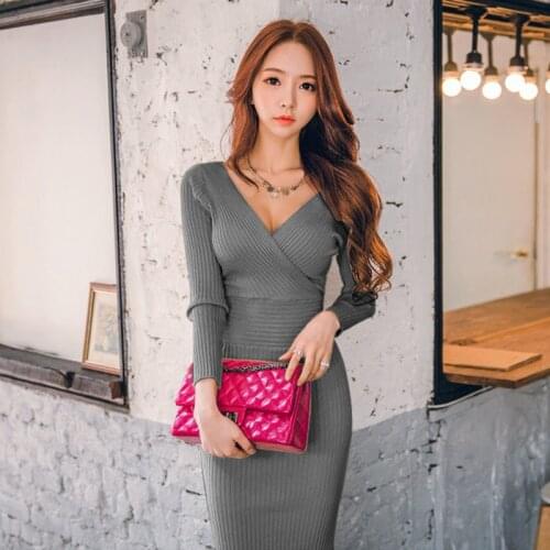 Fit 45-70KG Autumn Winter Women Knitted Cotton Skinny Sweater Dress V-neck Slim Bodycon Dress Elegant Sexy Party Vestidos