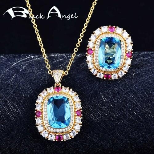 BLACK ANGEL Imitation Sky Blue Topaz Necklace Luxury Pave Zircon Jewelry Set Engagement Resizable Ring Gemstone Pendant Choker