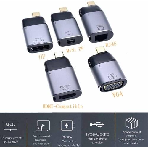 Type C To HDMI-Compatible PD VGA RJ45 Adapater 4K@ 60Hz HD video Plug Converter PD Fast Charging Adapater Type-C Adapater