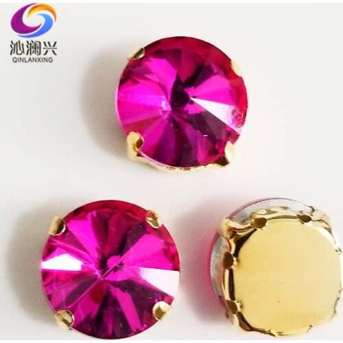 Rose red round shape golden bottom AAA Glass Crystal sew on claw rhinestones with holes,Diy Clothing accessories SWRG08