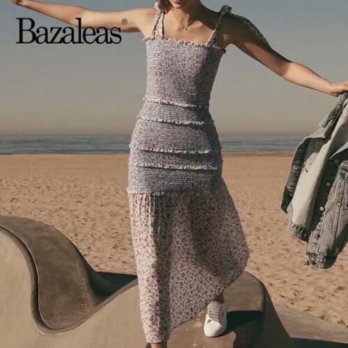 Bazaleas Chic Blue Floral Print Elastic Dress Retro Sexy Adjust Spaghetti Straps Vestidos Vintage Women Midi Dress