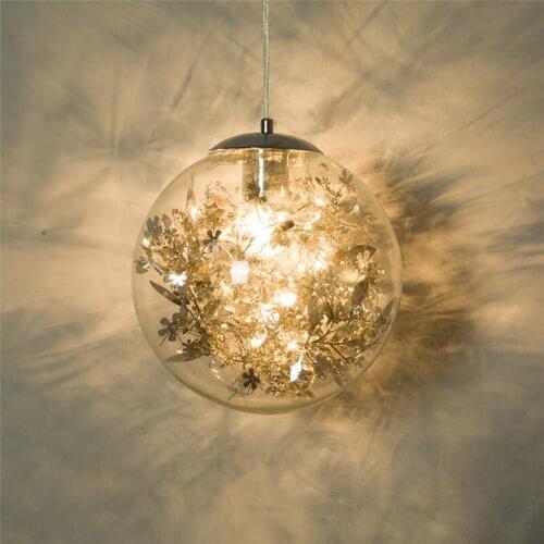 Modern Glass Ball Pendant Lamp Modern Metal Flower Pendant Light Gold Flower Deco Hanging Lighting Industrial Decor Luminaire