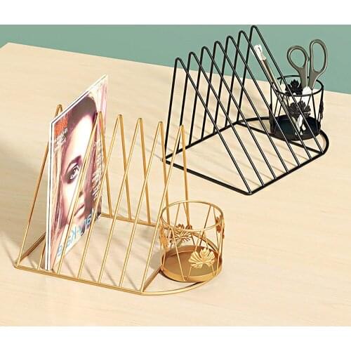 Triangle Iron File Bookshelf with Pen Holder Durable Metal Home Office Desk Book Magazine Folder Rack Table Stationary Organizer