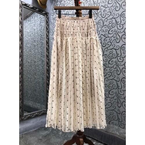 2021 Autumn Winter Long Skirts High Quality Women Polka Dot Print Sexy Tulle Mesh Patchwork Long Lace Maxi Skirts Clothing