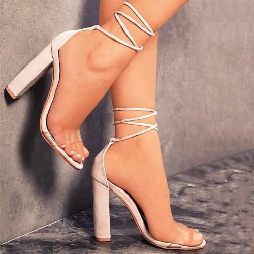 Women Ankle Strap Sandals Lace Up Open Toe Clear Thick High Heel Sandals d88