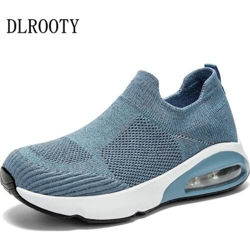 Women Flat Casual Shoes Fashion Outdoor Breathable Couple Slip On Knit Upper Sock Female Platform Air Cushion Sneakers Walk