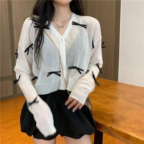 Harteen Spring Autumn 2021 Cardigan Thin White Loose Sweater Fashionable Long Sleeve Women Clothing Korean Casual Bow Top Femme