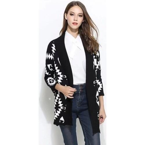 WomenS Sweater Cardigan Autumn And Winter New Medium Length Diamond Jacquard Knitted Jacket